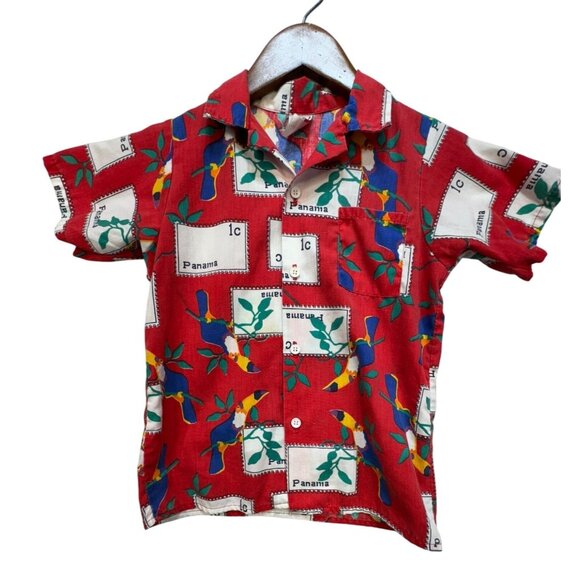 Vintage Stone Apparel Kids Boys Button-Up Shirt Size 7 Red Panama Toucan Casual - Picture 1 of 11